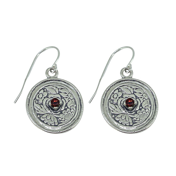 Round Textured Design and Small Garnet Earrings E7685