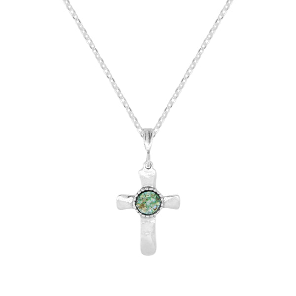 Sterling Silver Cross Pendant with Ancient Roman Glass - N11847