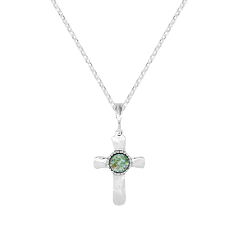 Sterling Silver Cross Pendant with Ancient Roman Glass - N11847