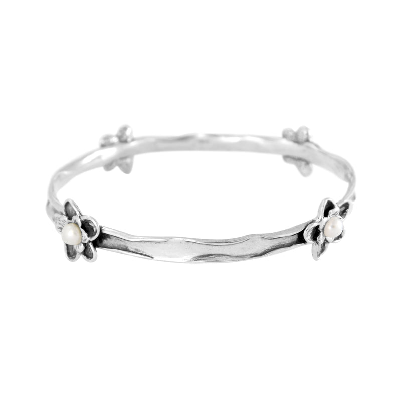 Thin Flowers & Pearl Bangle Bracelet